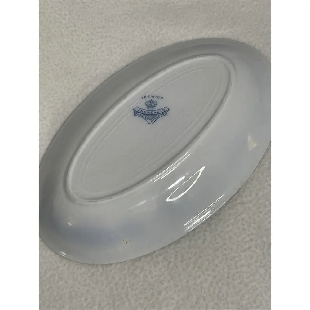 J & G Meakin Ipswich Gravy Boat and Plate - Blue, White and Gold Hanley, England